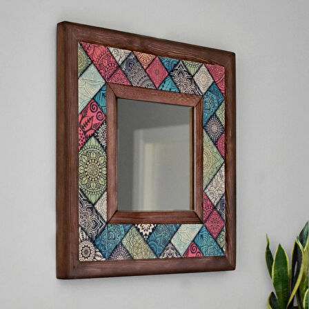 Patchwork Temalı - Desenli Mermer Dekoratif Ayna - 34x34cm - 023.1