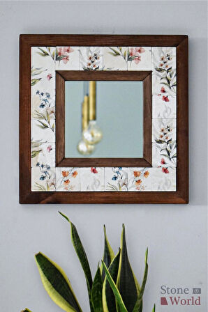 Çiçek Temalı - Desenli Mermer Dekoratif Ayna - 34x34cm - 035.1