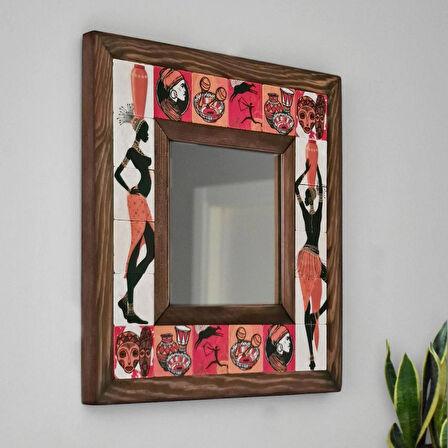 African Temalı - Desenli Mermer Dekoratif Ayna - 34x34cm - 051.2