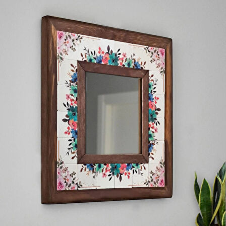 Çiçek Temalı - Desenli Mermer Dekoratif Ayna - 34x34cm - 066.1