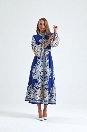 Atlas Kumaş Elbise&dantel Detaylı (KEMER DAHİLDİR) - Lacivert 2393