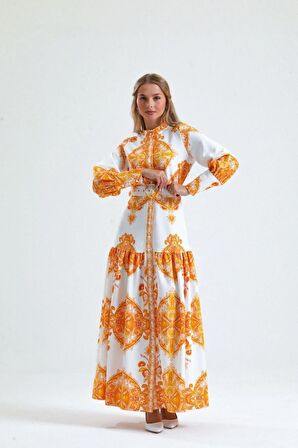 Atlas Kumaş Elbise (Kemer Dahildir) - Turuncu