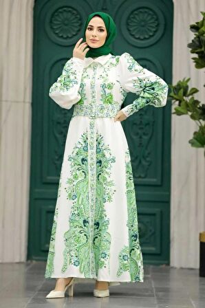 Atlas Kumaş Elbise (Kemer Dahildir)-Yeşil