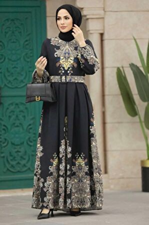 Atlas Kumaş Elbise (Kemer Dahildir)-Siyah