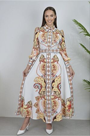 Atlas Kumaş Düğmel Detaylı (Kemer Dahildir) - Sarı