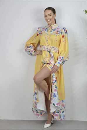 Atlas Kumaş Düğme Detaylı (Kemer Dahildir) - Sarı