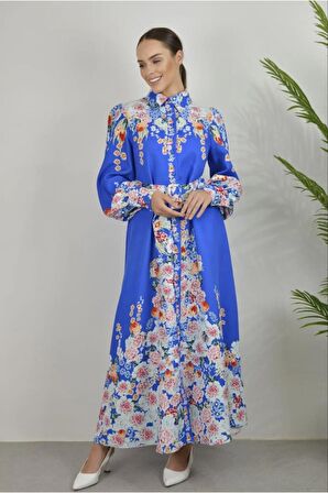 Atlas Kumaş Düğme Detaylı (Kemer Dahildir) - Mavi