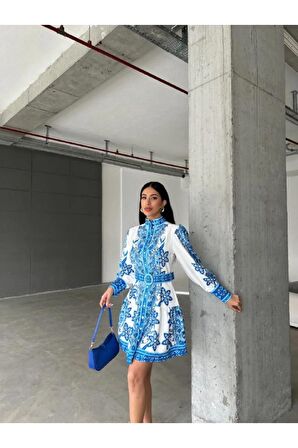 Atlas Kumaş Kısa Elbise (Kemer Dahildir) Mavi