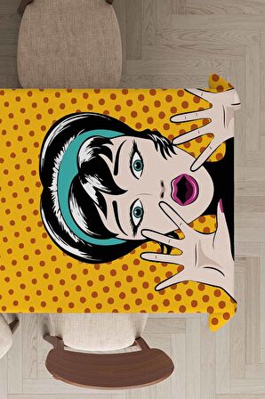 Sarı Pop Art Temalı Dokuma Leke Tutmaz Masa Örtüsü MSO069