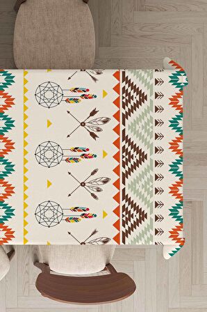 Krem Etnik Desenli Dokuma Leke Tutmaz Masa Örtüsü MSO086