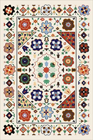 Krem Etnik Desenli Dokuma Leke Tutmaz Masa Örtüsü MSO357