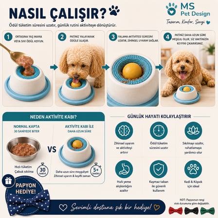 Kedi Köpek Yalama ve Aktivite Kabı – Yaş Mama ve Sıvı Ödül İçin Yavaş Tüketim Mama Kabı / Papyon Hediyeli