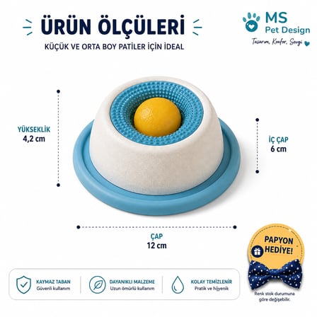 Kedi Köpek Yalama ve Aktivite Kabı – Yaş Mama ve Sıvı Ödül İçin Yavaş Tüketim Mama Kabı / Papyon Hediyeli
