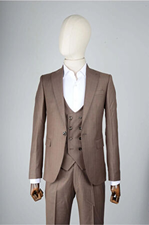 Slim Fit Kahverengi Yelekli Takım Elbise Çizgi Desenli