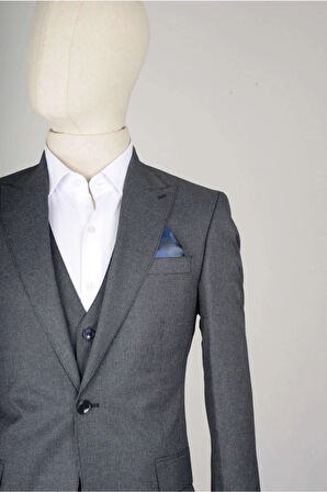 Slim Fit Koyu Gri Yelekli Takım Elbise Kendinden Desenli
