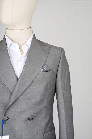 Slim Fit Gri Takım Elbise Çizgili Desenli