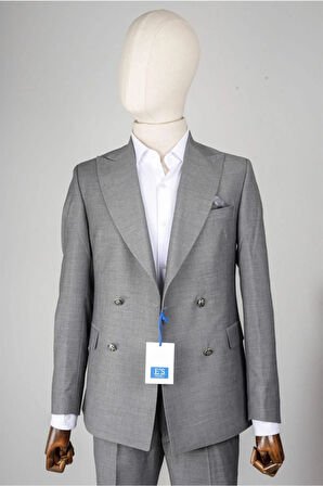 Slim Fit Gri Takım Elbise Çizgili Desenli