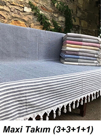 Mandaş Pamuklu Kaymaz Hasır Dokuma Kolları Örten Koltuk Örtüsü Maxi Takım-Koyu Gri Yeni