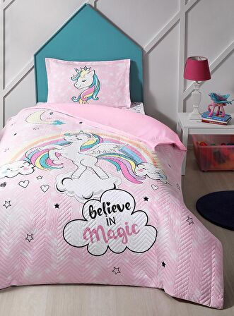 Özdilek Kapitoneli Tek Kişilik Çocuk Dört Mevsim Nevresim Takımı Complete Set-Unicorn Pembe