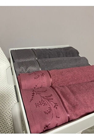 Özdilek 4 Parça Best Hamam Seti, Banyo Havlu Takımı-Ditsy Mürdüm Antrasit