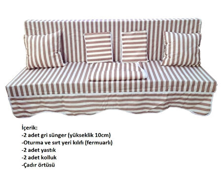 Mandaş Süngerli 3 Kişilik Salıncak Minder Seti (Pamuklu Kumaş)-Bej Çizgili