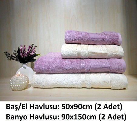 Polo Life 4 Parça Bamboo Hamam Seti, Banyo Havlu Takımı-Krem Mürdüm