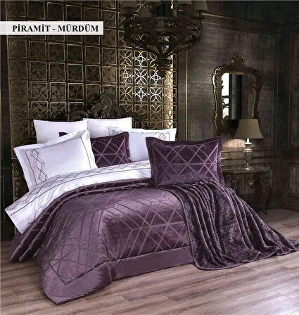 Ecosse 10 Parça Çeyiz Seti (Battaniye+Nevresim Takımı+Yatak Örtüsü)-Piramit Mürdüm