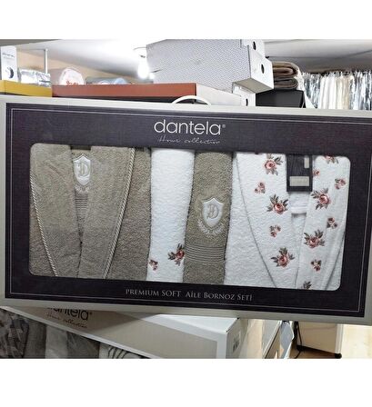 Dantela Premium Soft Nakışlı Aile Bornoz Seti-Gülce Krem Bej