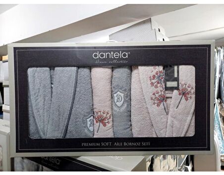 Dantela Premium Soft Nakışlı Aile Bornoz Seti-Tane Pudra Gri