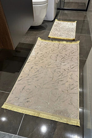 Banset Kaymaz Deri Taban Simli Tavşan Tüyü Post 2li Klozet Takımı, 1.Kalite Banyo Seti-Kreme Gold