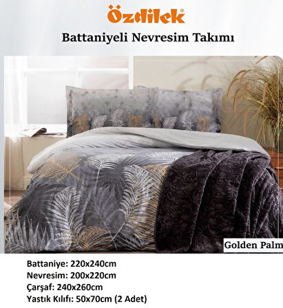 Özdilek Trendy Battaniyeli Çift Kişilik Nevresim Takımı-Golden Palm Gri