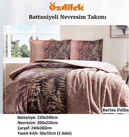 Özdilek Trendy Battaniyeli Çift Kişilik Nevresim Takımı-Brisa Folha Pudra