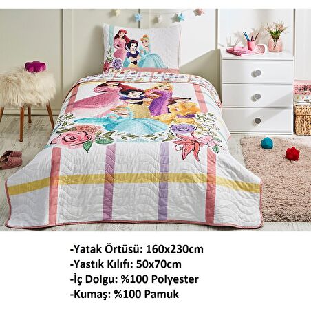 Özdilek Lisanslı Kapitoneli %100 Pamuk Tek Kişilik Çocuk Yatak Örtüsü (160x230)-Princess Flowers Pembe