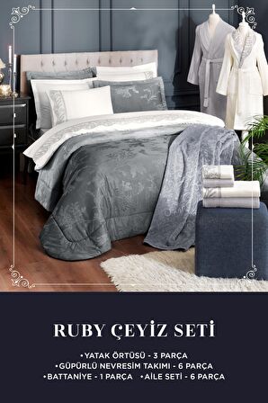 Özdilek 16 Parça Çeyiz Seti, Gelin Seti (Battaniye+Bornoz Seti+Nev Tk+Yatak Ört)-Ruby Gümüş