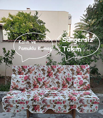 Mandaş Süngersiz 3 Kişilik Salıncak Minder Seti (Pamuklu Kumaş)-İngiliz Gülü Pembe