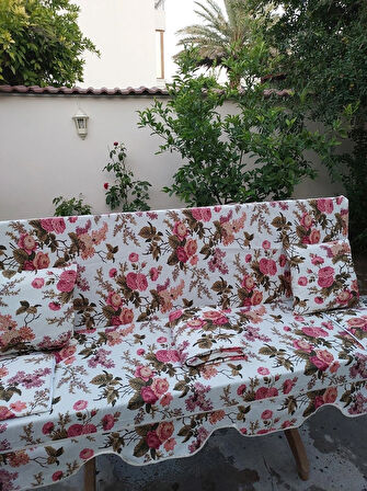Mandaş Süngersiz 3 Kişilik Salıncak Minder Seti (Pamuklu Kumaş)-İngiliz Gülü Pembe