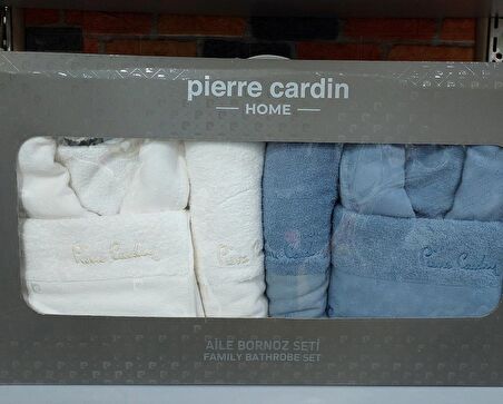 Pierre Cardin 6 Parça Jakarlı Aile Bornoz Seti-Logo Soft Krem İndigo