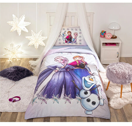 Özdilek Lisanslı Fitted Çarşaflı Tek Kişilik Çocuk Nevresim Takımı-Frozen Frosted Elsa Lila