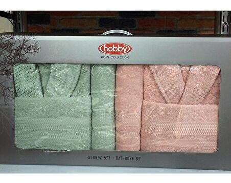 Hobby Casual 6 Parça Aile Bornoz Seti-Pembe Su Yeşili