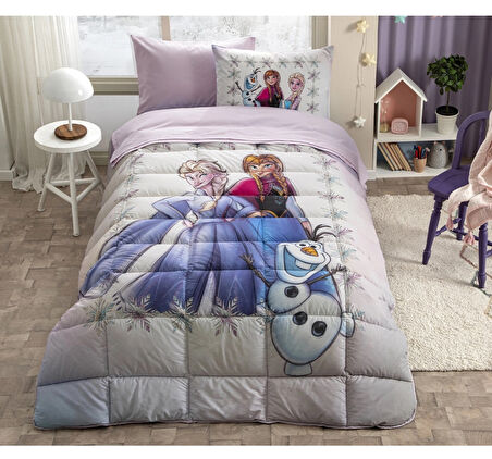 Özdilek Lastikli Çarşaflı Lisanslı Tek Kişilik Çocuk Uyku Seti-Elsa Frozen Frosted Lila