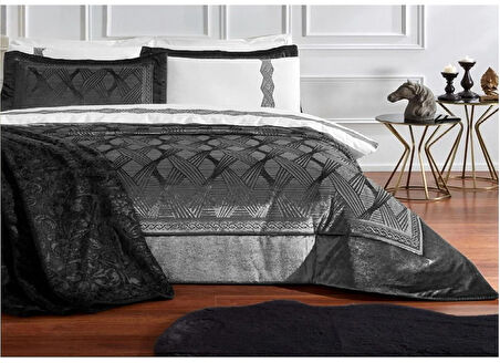 Özdilek 11 Parça Çeyiz Seti (Battaniye+Nevresim Takımı+Yatak Örtüsü)-Velours Antrasit