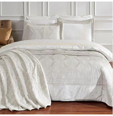 Özdilek 11 Parça Çeyiz Seti (Battaniye+Nevresim Takımı+Yatak Örtüsü)-Velours Krem