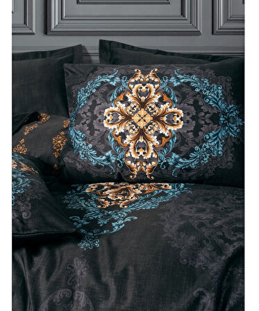 Cotton Box Palace Saray Modeli Pamuk Saten Çift Kişilik Nevresim Takımı-Dorhan Siyah (4 Yastıklı)