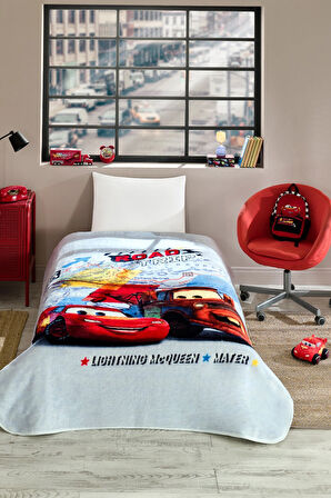 Özdilek Lisanslı Tek Kişilik Çocuk Battaniye (155x215)-Şimşek Mcqueen Cars Road Gri