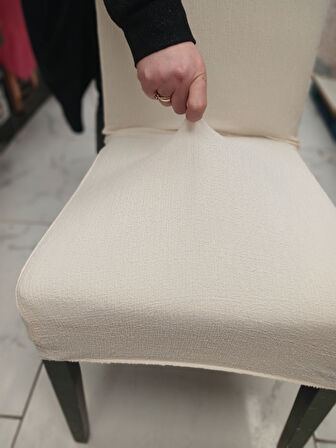 MANDAŞ 6LI SET Jakarlı Lastikli Eteksiz Sandalye Kılıfı-Ağaç Kabuğu Desen Krem