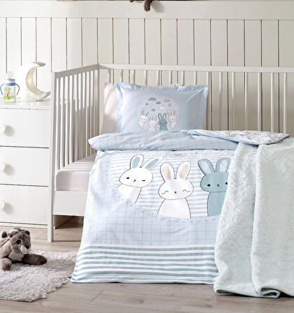 Özdilek Ranforce Bebek Battaniyeli Nevresim Takımı-Hello Rabbit Mavi