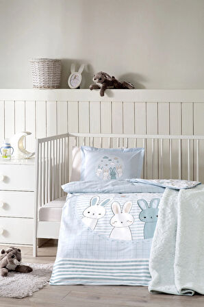 Özdilek Ranforce Bebek Battaniyeli Nevresim Takımı-Hello Rabbit Mavi