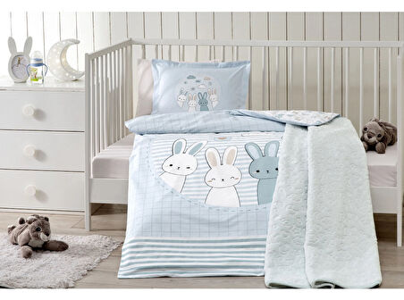 Özdilek Ranforce Bebek Battaniyeli Nevresim Takımı-Hello Rabbit Mavi