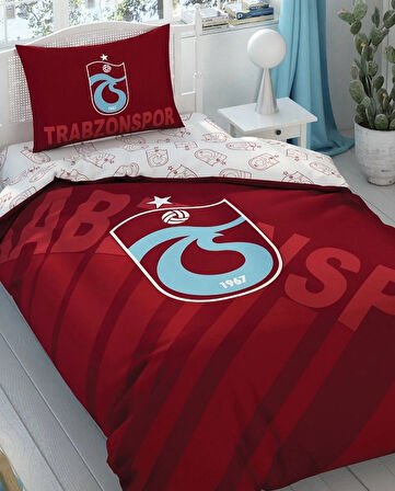 Taç Taraftar Lisanslı Ranforce Çarşafı Lastikli Tek Kişilik Nevresim Takımı-Trabzonspor Bordo Logo