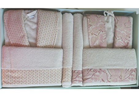 Özdilek Pamuklu 6 Parça Aile Bornoz Seti-Candidum Krem-Pembe Krem-Bej